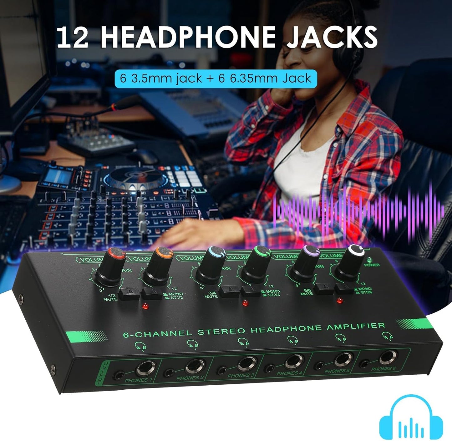 Headphone Amplifier, Headphone Amp 6 Channel Metal Stereo Audio Amplifier Splitter Mini Earphone Splitter