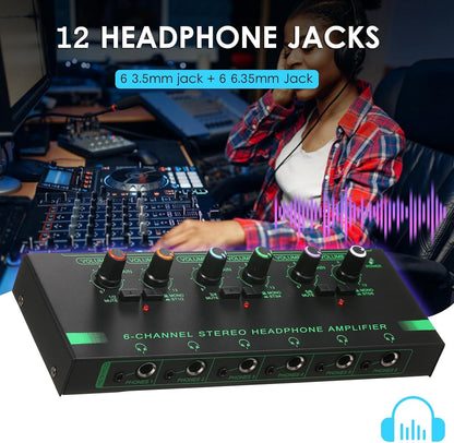 Headphone Amplifier, Headphone Amp 6 Channel Metal Stereo Audio Amplifier Splitter Mini Earphone Splitter