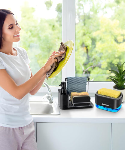 Hand and Dish Soap Dispenser Set with Tray – Dual Pump Soap Dispenser, Sponge & Dishcloth Holder, 5-in-1 Kitchen Sink Organizer, BPA-Free, Countertop Storage, Black