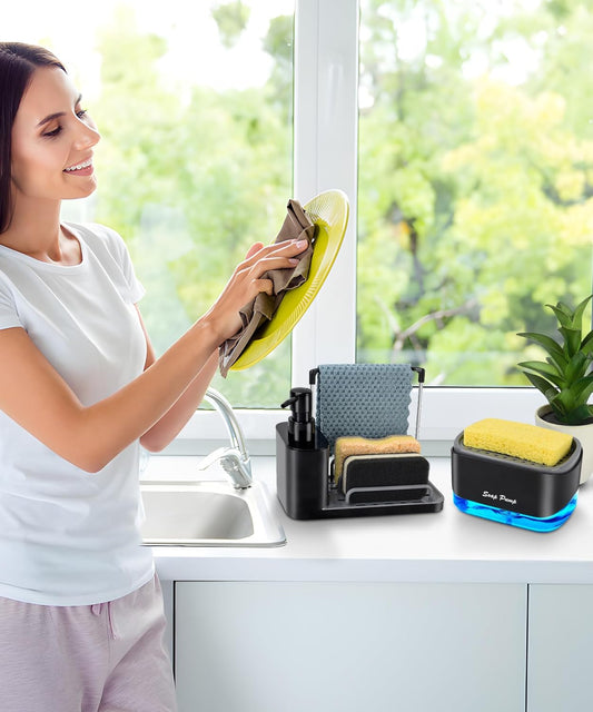 Hand and Dish Soap Dispenser Set with Tray – Dual Pump Soap Dispenser, Sponge & Dishcloth Holder, 5-in-1 Kitchen Sink Organizer, BPA-Free, Countertop Storage, Black