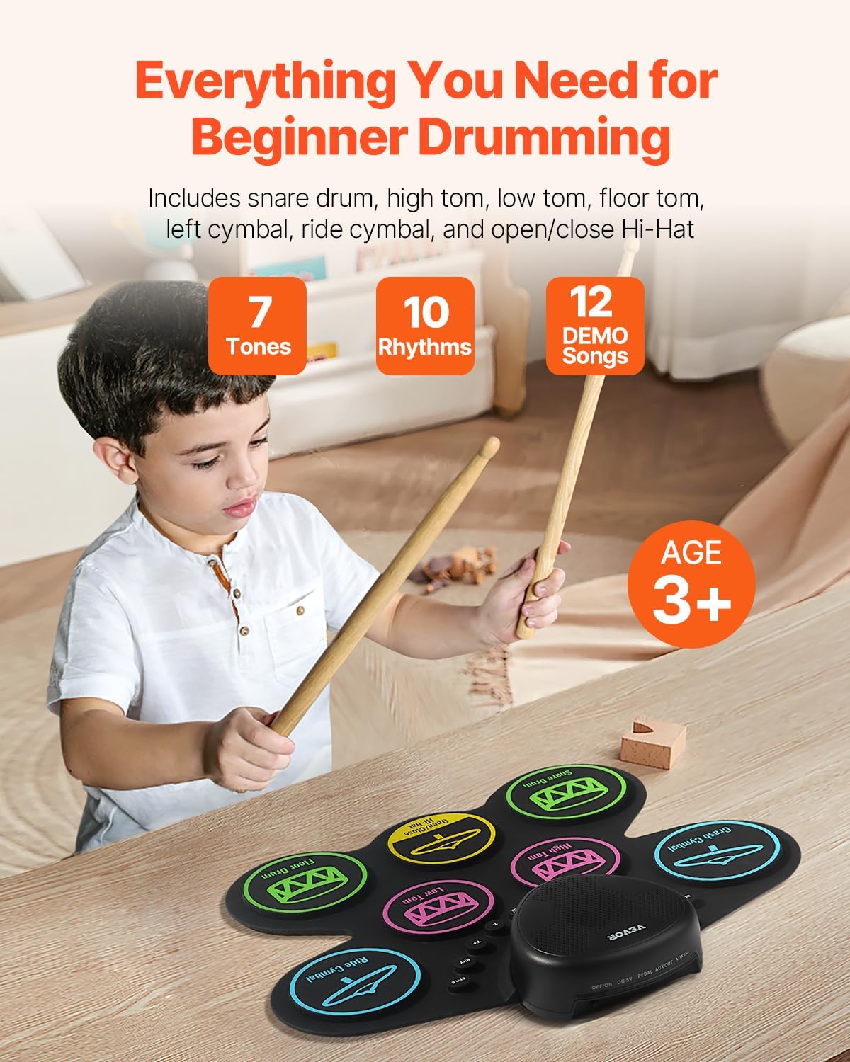 VEVOR Electric Drum Set, 7 Pads, Roll-up Drum Practice Pad, Electronic Drumset with Headphone