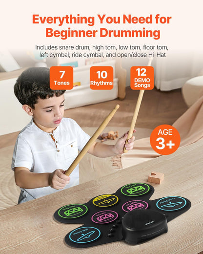VEVOR Electric Drum Set, 7 Pads, Roll-up Drum Practice Pad, Electronic Drumset with Headphone