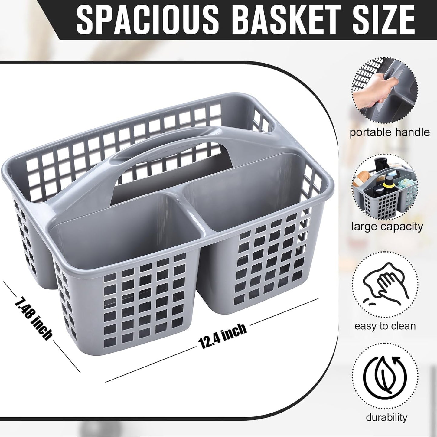 Plastic Shower Caddy Basket with Handle, 3 Compartment Portable Bathroom and Cleaning Supply Organizer, Dark Grey - PuriLite