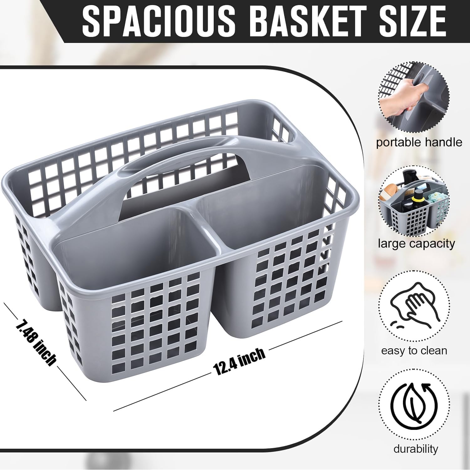 Plastic Shower Caddy Basket with Handle, 3 Compartment Portable Bathroom and Cleaning Supply Organizer, Dark Grey - PuriLite