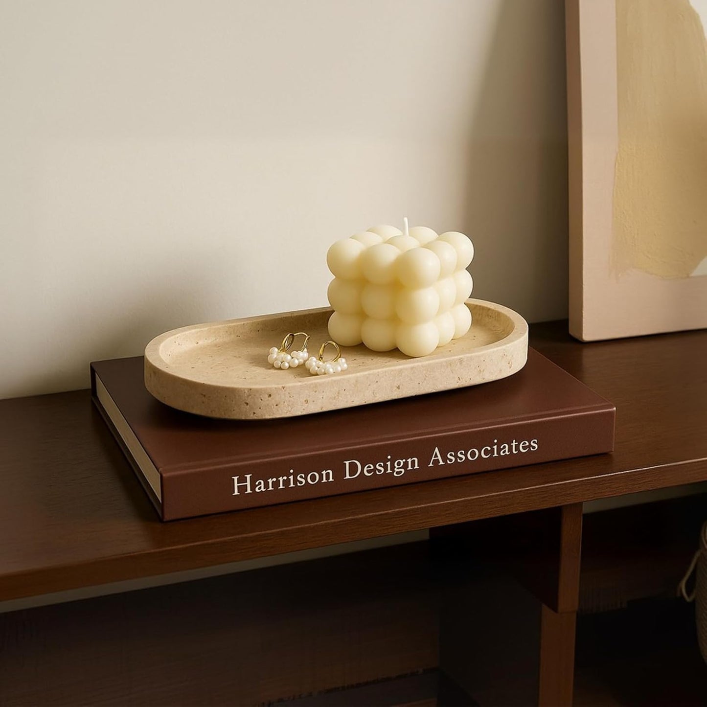 WORHE Italy Natural Travertine Stone Tray for Jewelry, Candles, Perfume, Trinket, Marble Oval Vanity Trays for Bathroom, Dresser, Kitchen, Countertop Storage Organizer Home Decor Beige (WH028)