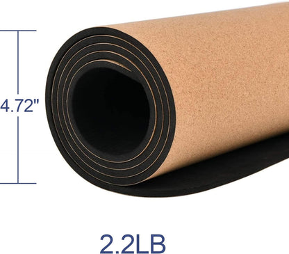 Numat Cork Yoga Mat 6mm (1/4 inch) Thick 72 x 24 in, Sweatproof NonSlip Eco-friendly, Lightweight TPE foam with Alignment Lines, Great for Hot Yoga, Pilates, Gym and Exercise, Black Carrying Bag w.