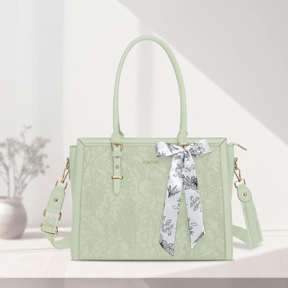 MOSISO Laptop Bag for Women, 17-17.3 inch PU Leathe Tote Bag Compatible with MacBook, HP, Dell, Asus Notebook, Front Embossed Retro Hibiscus Computer Bag with Silk Scarf&Clutch Purse, Gray - PuriLite