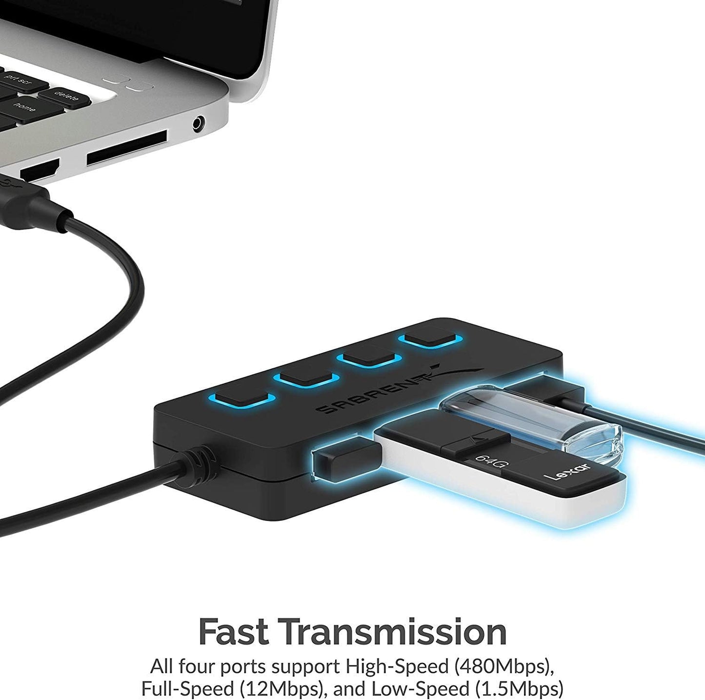 SABRENT USB hub, USB Adapter 2.0, 4 Port USB Extension with ON/Off switches, Multiple USB Splitter for SSD, PS4 PS5, PlayStation 5, Laptop, PC, Printer, MacBook, USB Stick, Notebook (HB-UMLS)