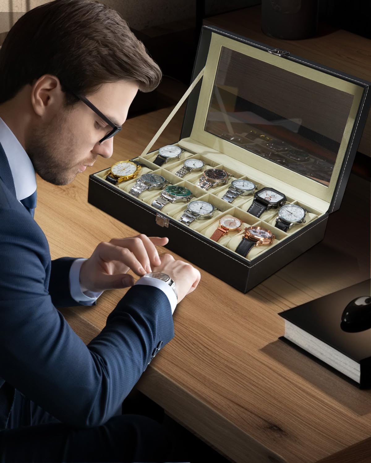 Ohuhu Watch Box Organizer for Men -12 Slot Leather Watch Case with Real Glass Lid Watch Display Case, Watch Organizer Jewelry Storage Box