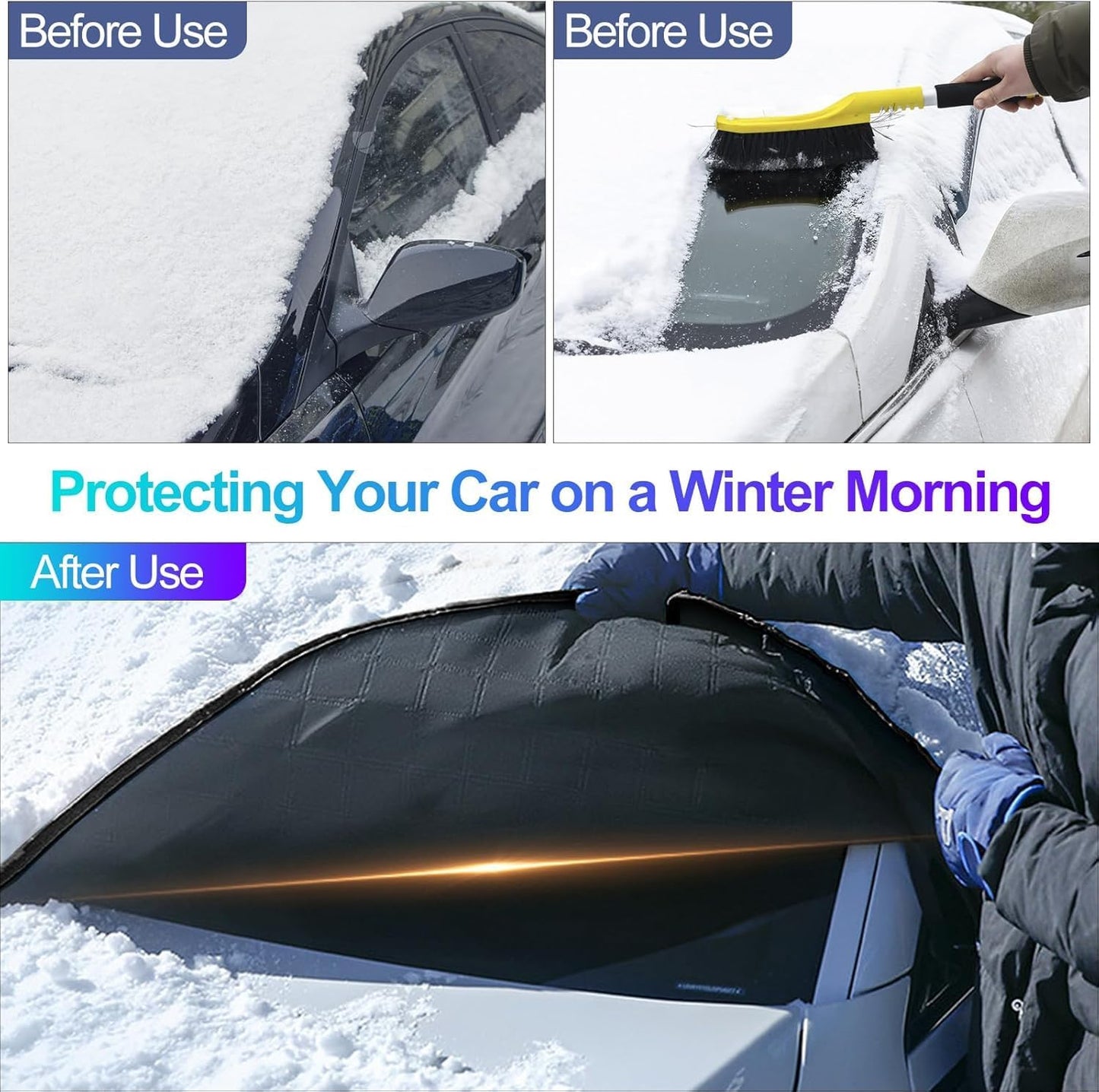 Windshield Snow Cover – Magnetic Car Snow Windscreen Cover & Sunshade – 9 Strong Magnets + Side Wing Mirror Covers – Frost Guard for Cars, SUVs & Trucks (Black, 145 × 118 cm) - PuriLite