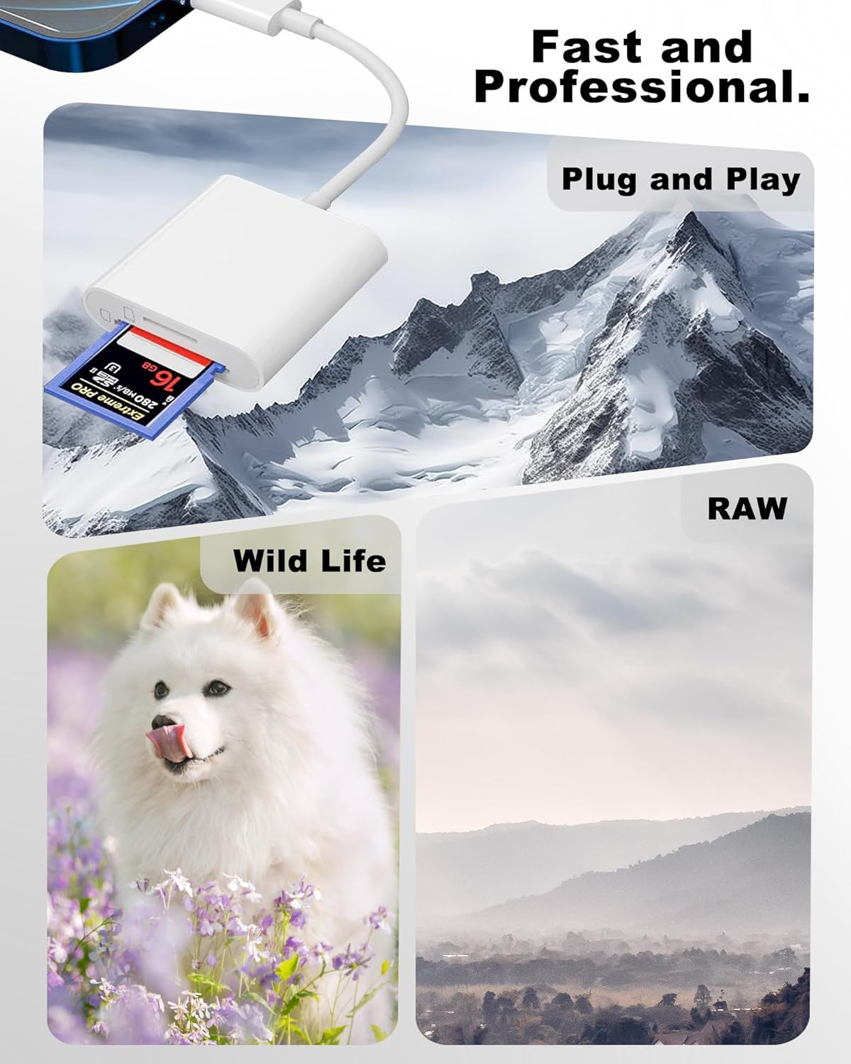 Lightning to Sd Card Reader for iPhone Camera, [Apple MFi Certified] Dual Card Slot Memory Card Readers Supports SD and TF Card, Plug and Play Sd Card Adapter Compatible with iPhone