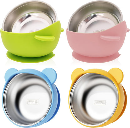 ninecessary Stainless Steel Baby Bowls with Silicone Sleeve 4 Pack, Stay Put Suction Bowls for Toddlers & Kids Food Feeding | Non-Slip, BPA-Free Bowls for Cereal, Soup & Snacks