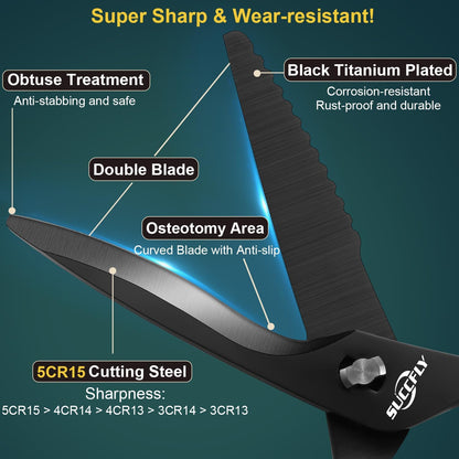 Premium Kitchen Shears Heavy Duty, Kitchen Scissors Stainless Steel, Sharp Poultry Shears, Food Scissors for Vegetable, Chicken, Meat, Fish, Detachable Scissors All Purpose with Black Titanium Plated