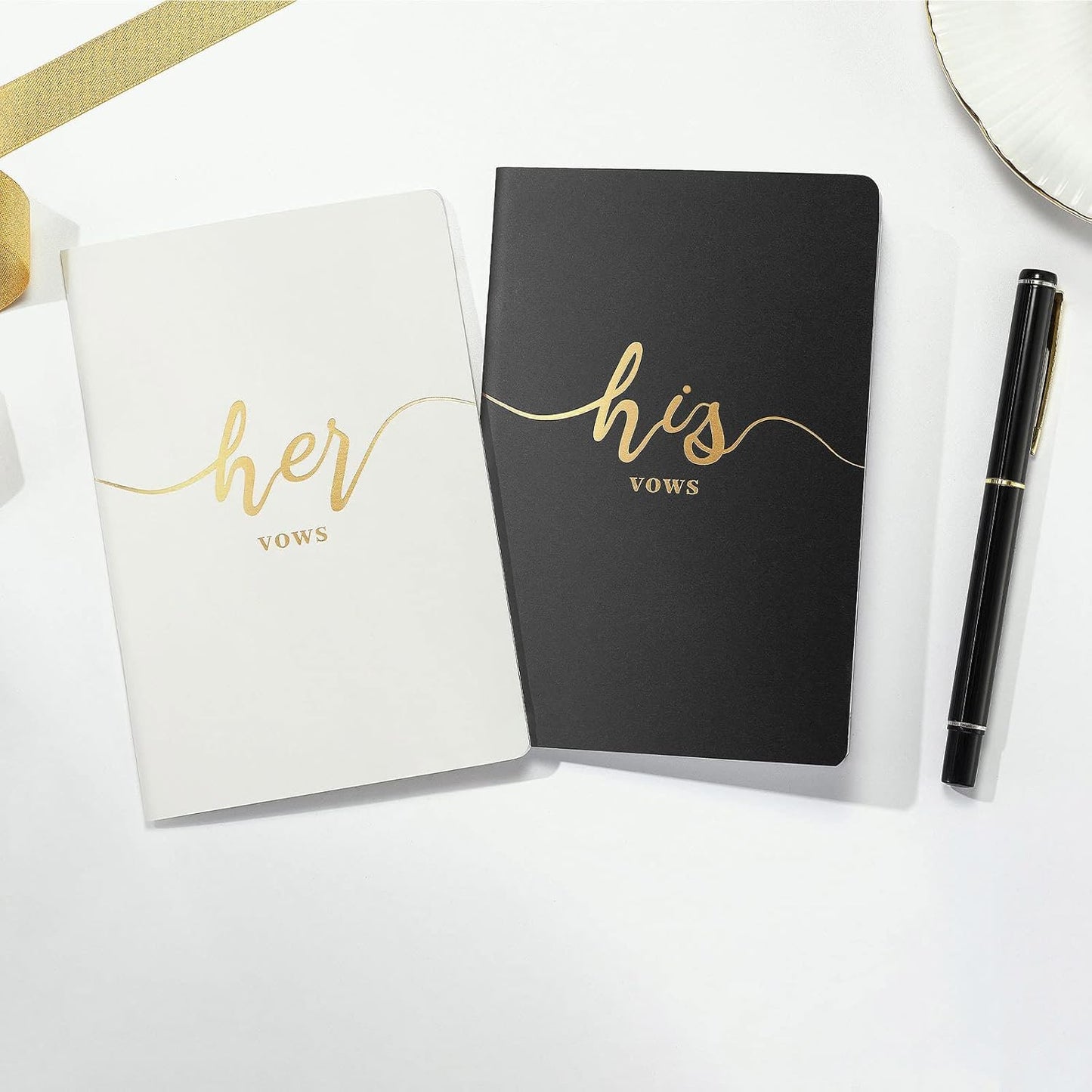 Vekola Vow Books for Wedding His and Hers Elegant Gold Foil Set of 2 Wedding Notebook with 28 Pages (Navy Blue+White)
