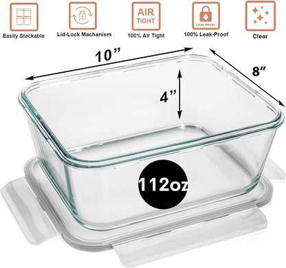 Razab 3300 Ml / 112 Oz Large Glass Container Food Storage with Lids - Leakproof, BPA-Free Large Meal Prep Container Ideal for Roasting Turkey, Store Leftover - Microwave & Oven Safe