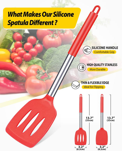 Pack of 2 Silicone Slotted Spatula,Non Stick Solid Kitchen Turner, High Heat Resistant BPA Free Cooking Utensils for Fish, Eggs, Pancakes（Black