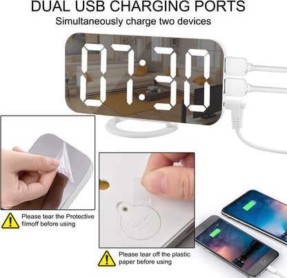 SZELAM Digital Clock Large Display, LED Alarm Electric Clocks Mirror Surface for Makeup with Diming Mode, 3 Levels Brightness, Dual USB Ports Modern Decoration for Home Bedroom Decor-Black