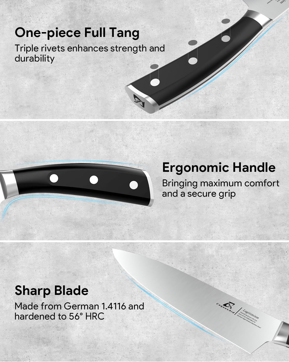 Knife Set with Block, Kitchen Chef Knives Set with Sharpener, Stainless Steel Knife Block Set, 6 Pcs Steak Knife Set Serrated, German Dishwasher Safe, Beveled Design Brown 15 Pieces