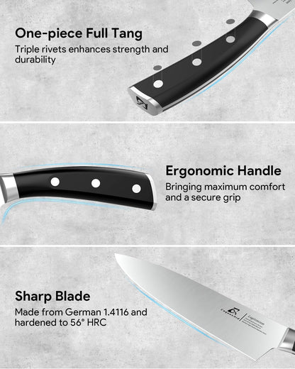 Knife Set with Block, Kitchen Chef Knives Set with Sharpener, Stainless Steel Knife Block Set, 6 Pcs Steak Knife Set Serrated, German Dishwasher Safe, Beveled Design Brown 15 Pieces