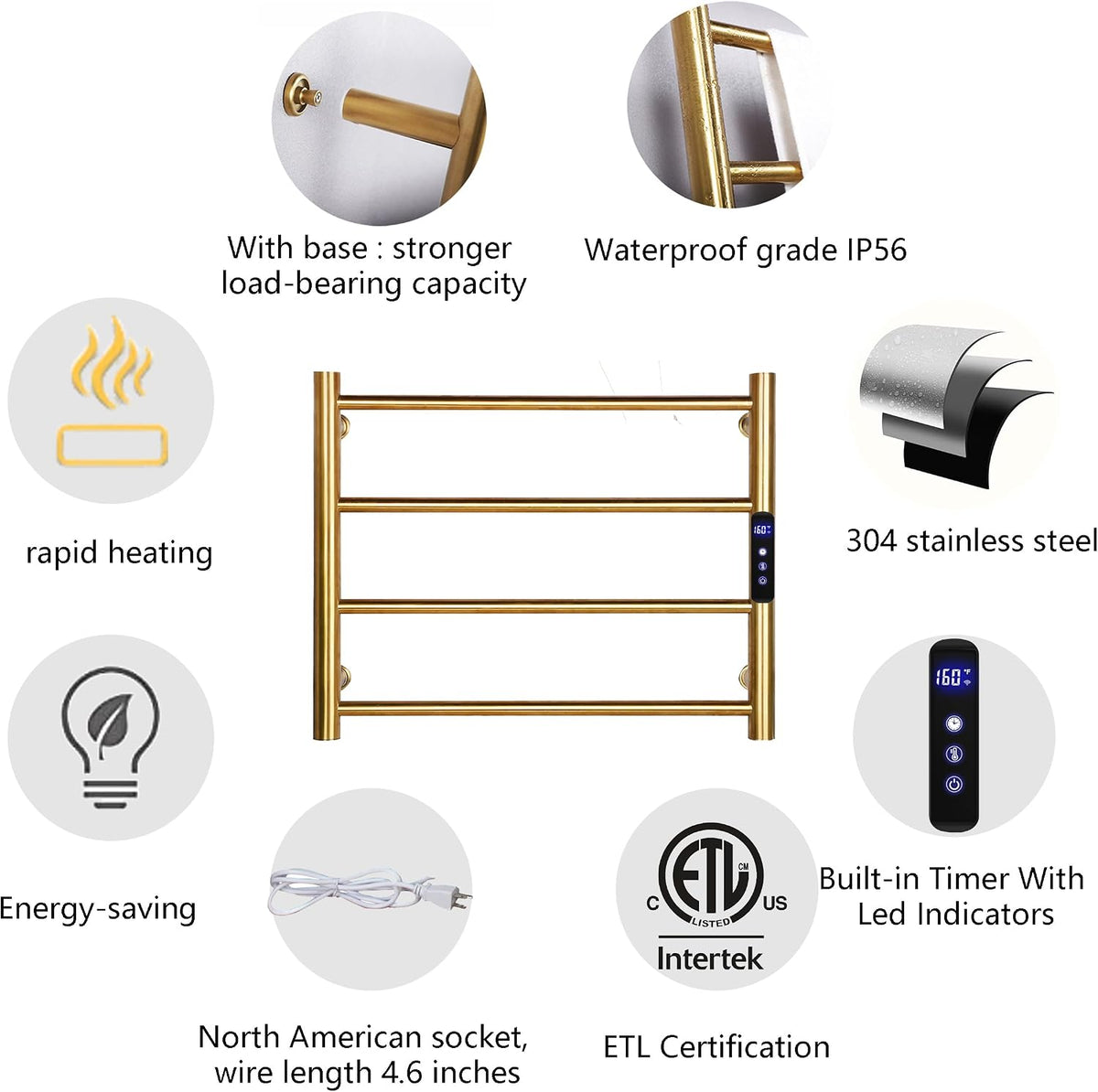 Heated Towel Rack Gold, 4 Bars Towel Warmer Rack for Bathroom Wall Mounted, Timer & Temperature Control Electric Towel Drying Rack (4 Bars Brushed Gold D, Hardwired)