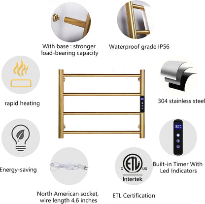 Heated Towel Rack Gold, 4 Bars Towel Warmer Rack for Bathroom Wall Mounted, Timer & Temperature Control Electric Towel Drying Rack (4 Bars Brushed Gold D, Hardwired)