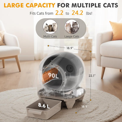 GUNJI Self Cleaning Litter Box, 90L Automatic Cat Litter Box for Multiple Cats, App Control-No Scoop, Large Kitty Box with Safety Protection, Includes Mat, 1 Garbage Bags (Gray)
