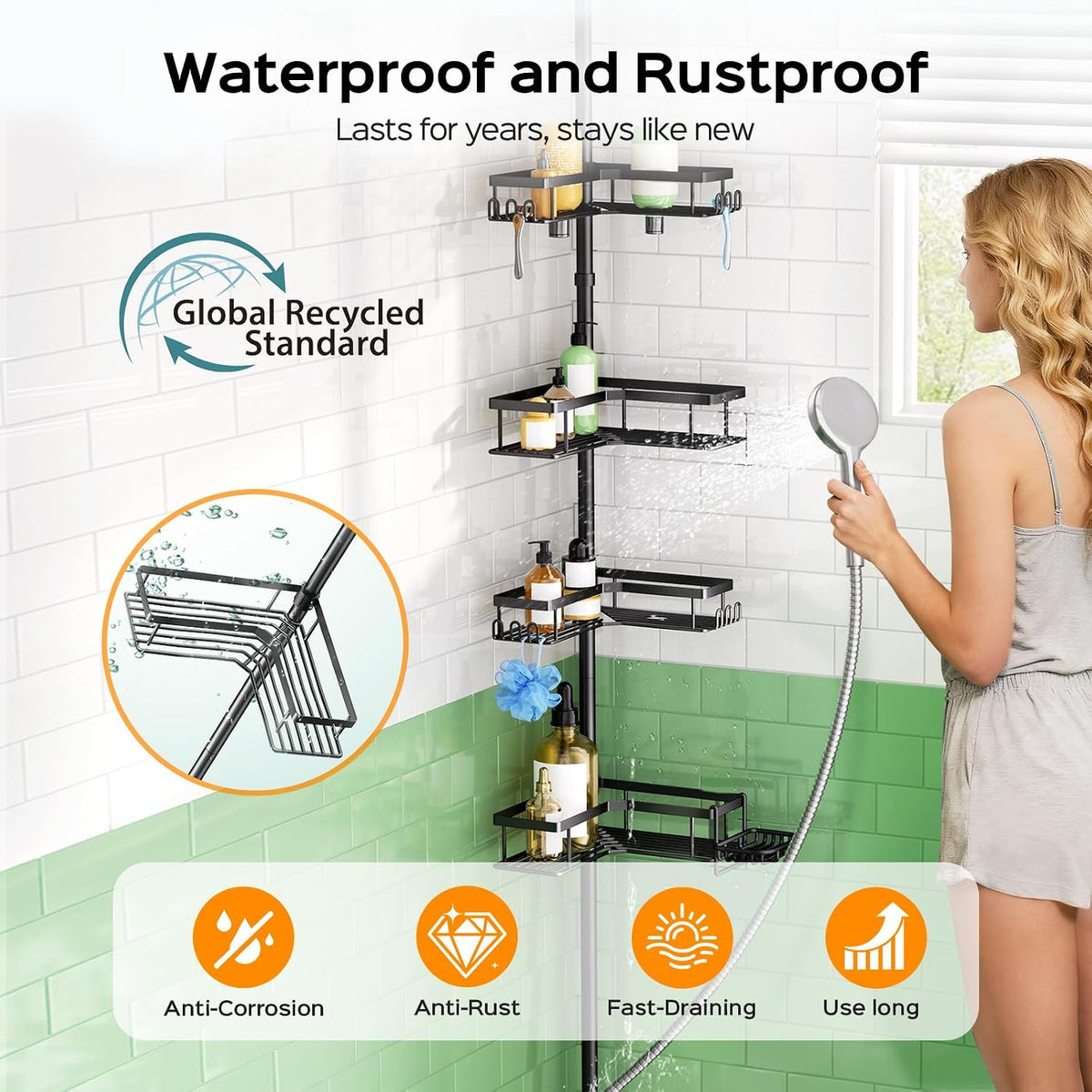 HAMITOR Corner Shower Caddy Tension Pole: 4-Tier Adjustable Organizer