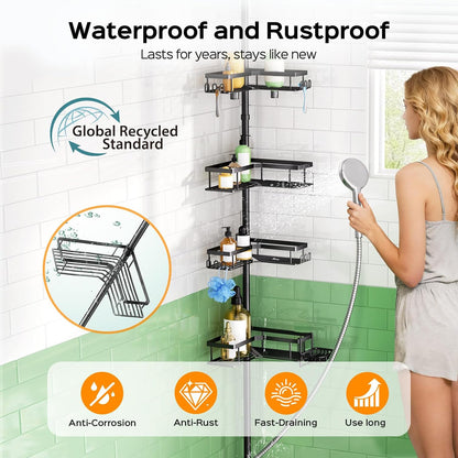 HAMITOR Corner Shower Caddy Tension Pole: 4-Tier Adjustable Organizer