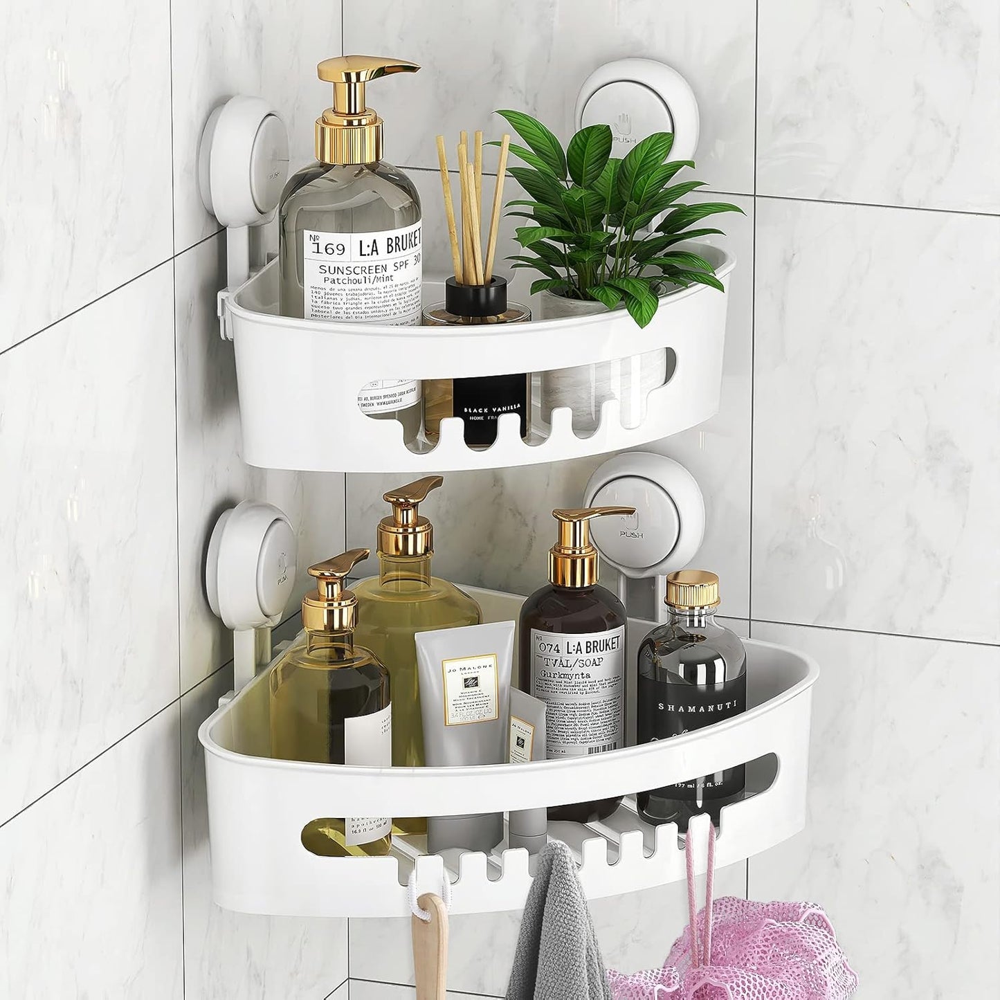 LEVERLOC Shower Caddy Suction Cup, 2 Pack Black Shower Shelf with Hooks and Soap Holder, NO-Drilling Bathroom Organizer, Rustproof Metal Bathroom Storage and Organization
