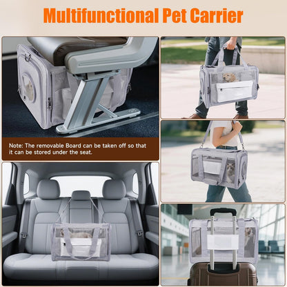 Pet Carrier Bag with Detachable Wheels for Cat or Small Dog, Grey | Travel Hand Portable Bag, Large, with Handle, Breathable Mesh, Ventilated, Airline approved, Collapsible, Locking Zipper