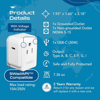 Ceptics Universal Travel Adapter kit, Dual USB (QC 3.0) + 2 US outlets + USB-C Cable, Use with Chargers, Cell Phones, Laptops, 6 Plug attachments for Worldwide use (Does Not Convert Voltage) (WPS-2B)