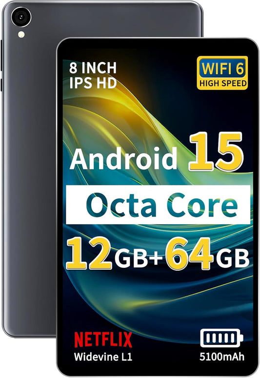 2025 Topsand Android 15 Tablet 8 inch Tablet, Octa-Core Processor, 12GB RAM 64GB ROM 2TB Expandable, 1280 * 800 IPS HD Screen, WiFi6, BT5.4, Widevine L1, 5MP+8MP Dual Camera