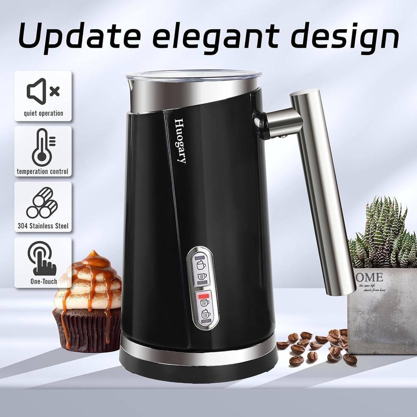Huogary Milk Frother, 4 in 1 Milk Steamers and Frothers, 4.4oz Electric Warm and Cold Foam Maker, 10oz Milk Warmer, Auto Shut-Off Frother for Coffee, Latte, Cappuccino, Macchiato, Hot Chocolate Black