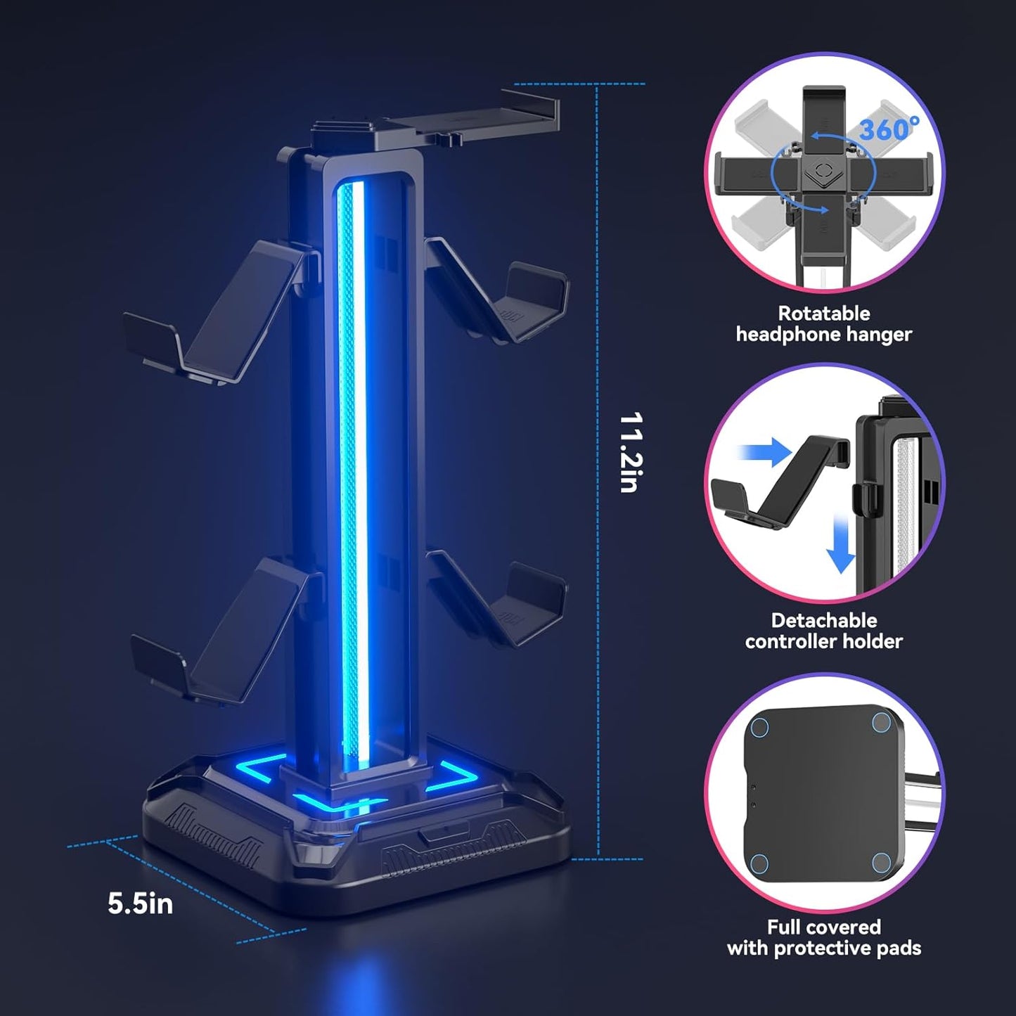 KDD RGB Headset Stand with 9 Light Modes – Rotating Headphone Holder with Detachable Controller Hooks - PuriLite