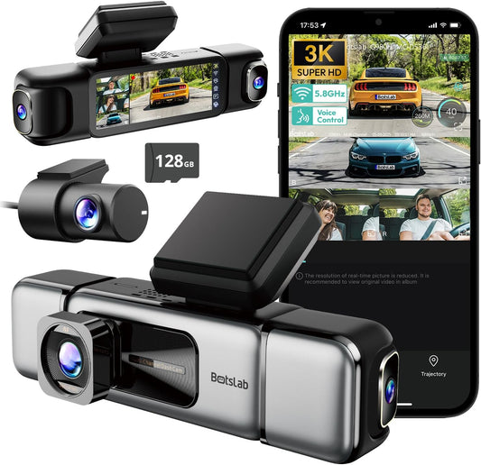 BOTSLAB 4 Channel 3K Dash Cam, 560° All-Sides View, 3.18" Touch Screen, 3K/4K Front and 1080P Rear Inside, Vocie Control, 5.8GHz WiFi Car Camera, G-Sensor, GPS, 24/7 Parking Monitor, 128GB SD Card