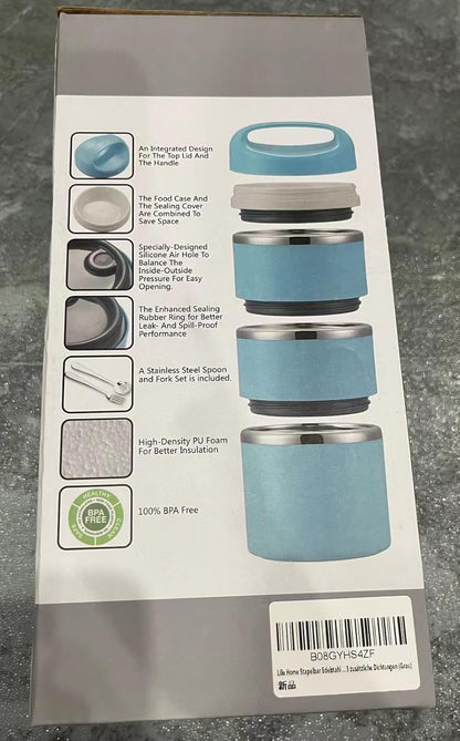 Lille Home Stackable Stainless Steel Thermal Compartment Lunch/Snack Box, 3-Tier Insulated Bento/Food Container with Lunch Bag, Cutlery Set and 3 Extra Seals, 43OZ (Gray)