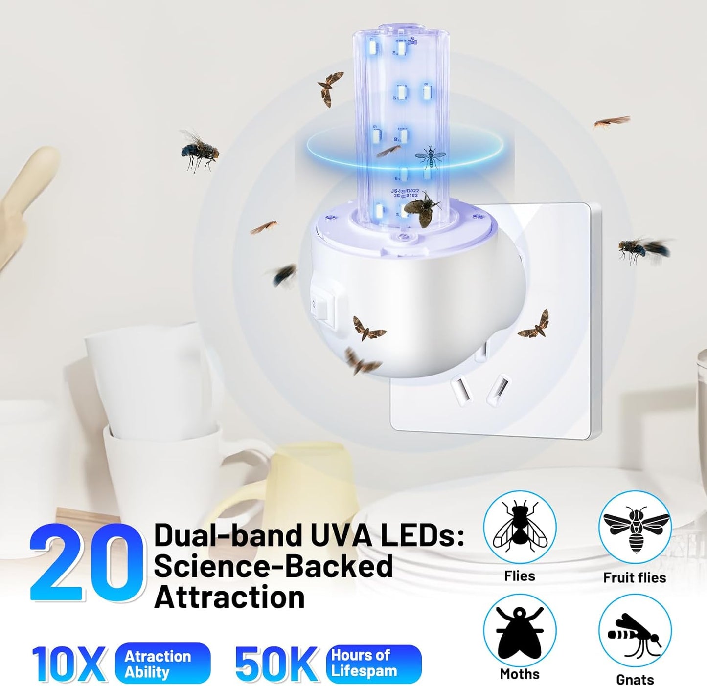 Fruit Fly Trap Indoor, 360 Degree Attracting Fly Trap with Improved LED Light, Sticky Straps Captures Flying Insect, Fruit Flies, Gnats, Mosquitoes, Moth and Houseflies, Refills Included