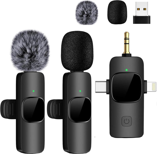 Wireless Lavailer Microphone for iPhone, Android, Camera, iPad, USB C, 4 in 1 Professional Mini Microphone with Noise Reduction, Wireless Mic for Video Recording, Vlog, YouTube, TikTok