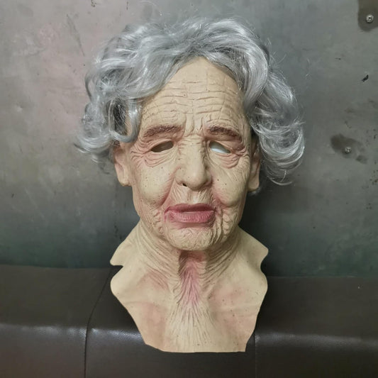 Halloween Realistic Old Lady Mask, Creepy Human Wrinkle Face Latex Headgear, Scary Halloween Cosplay Costume Props - PuriLite