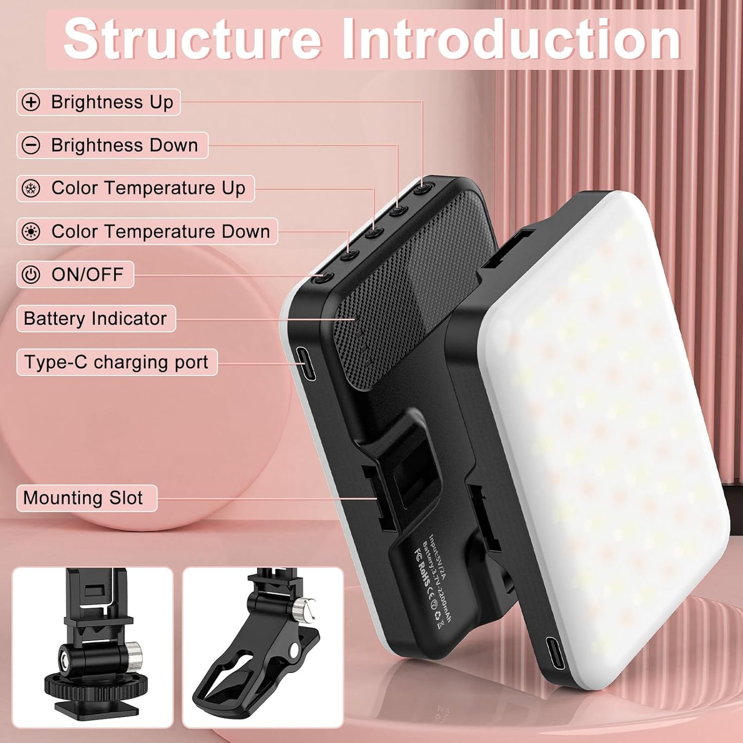 Anautin Selfie Light, 60 LED 2200mAh Rechargeable Clip Fill Video Light (Pink)