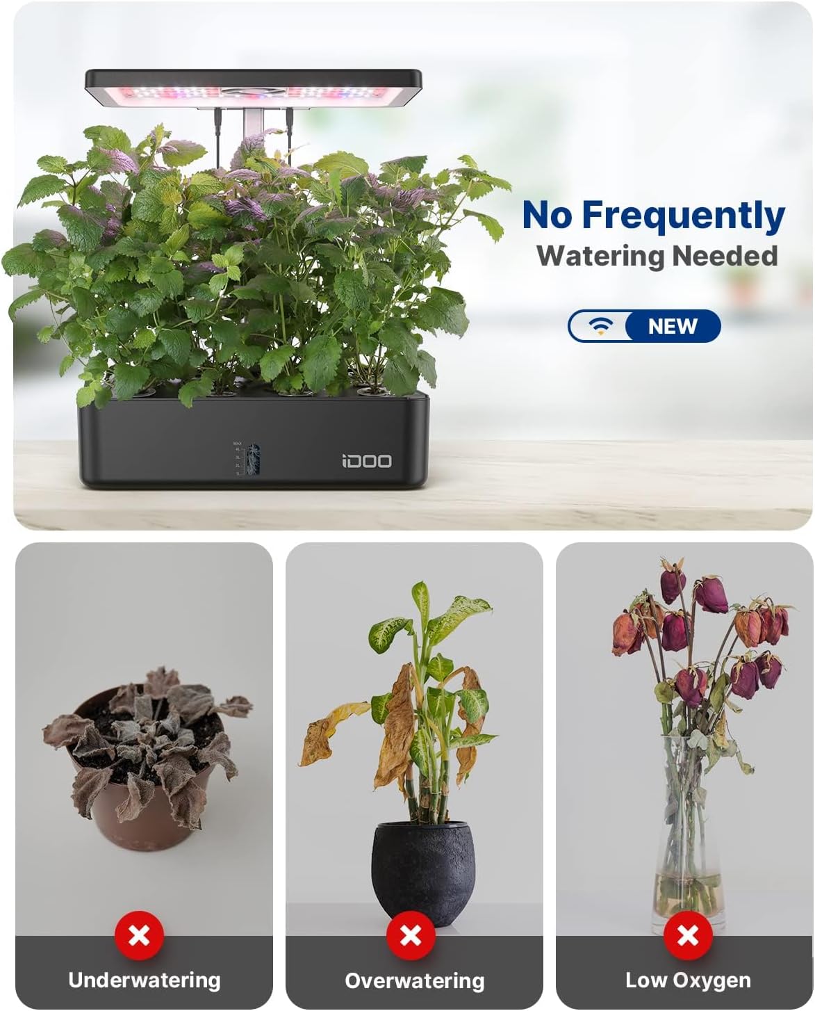 iDOO Hydroponics Growing System Kit 12Pods, Christmas Gifts for Women Men, Herb Garden Indoor with LED Grow Light for Home, Built-in Fan, Auto-Timer, Adjustable Height Up to 11.3", 12Pods WiFi-Black