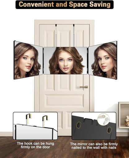 3 Way Mirror for Self Hair Cutting, 360 Trifold Self Haircut Mirror 3 Sided Makeup Mirror to See Back of Head with Height Adjustable Hooks, for Hair Cutting, Makeup, Shaving, Braiding, Styling