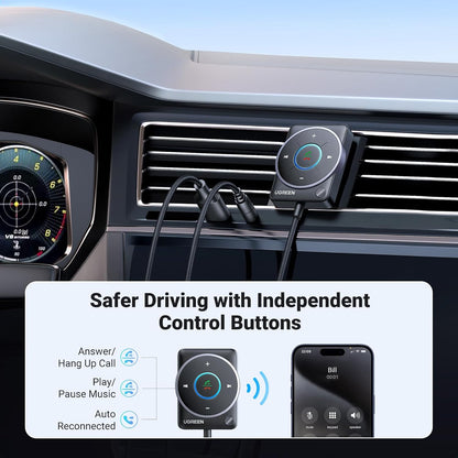 UGREEN Bluetooth 5.4 Adapter for Car with Enhanced Mic, Aux to Bluetooth Receiver 3.5mm Jack with Nylon Braided Cable, Dual Devices Paired, Hands-Free Calls Compatible with Car Speaker and Home Audio