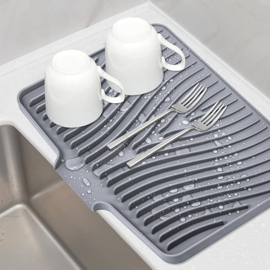 TIKNIK Silicone Dish Drying Mat for Kitchen Counter, Dish Drying Pad, Non-Slip Drain Pad with Built-in Drain, Heat Resistant Stone Drying Mat(40 L x 33 W cm, Grey) - PuriLite