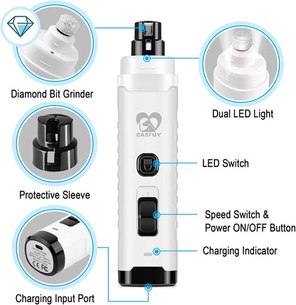 Casfuy Dog Nail Grinder with 2 LED Light for Large Medium Dogs - 3X More Powerful 2-Speed Electric Pet Nail Trimmer Rechargeable Quiet Painless Paws Grooming & Smoothing Tool