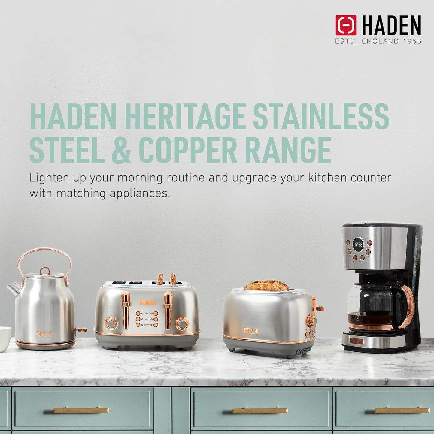 Haden 75041 Heritage 1.7 Liter (7 Cup) Stainless Steel Electric Kettle with Auto Shut-Off and Boil Dry Protection, Black/Copper
