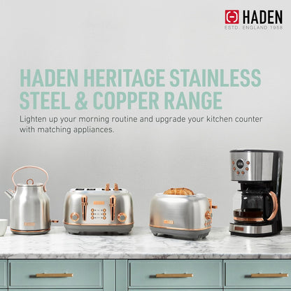 Haden 75041 Heritage 1.7 Liter (7 Cup) Stainless Steel Electric Kettle with Auto Shut-Off and Boil Dry Protection, Black/Copper
