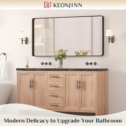 Keonjinn 42 x 36 Brushed Nickel Bathroom Vanity Mirror, Large Rounded Rectangle Bathroom Mirrors for over Sink, Metal Framed Silver Mirror for Wall, Shatterproof HD Tempered Glass(Horizontal/Vertical)