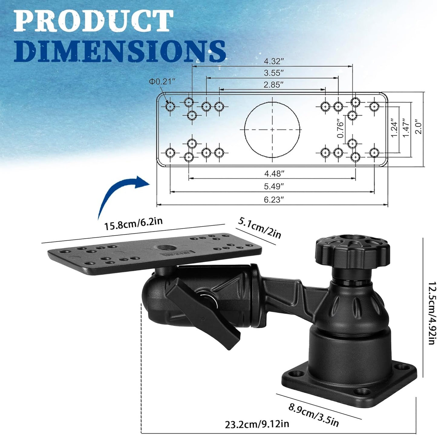 Velpaw Aluminium Vertically or Horizontally Fish Finder Swivel Arm Mount, 7.32" Arm Heavy Duty Chartplotters/Depth Finders Mount, Compatible with Garmin, Lowrance and More, for Boats/Kayaks