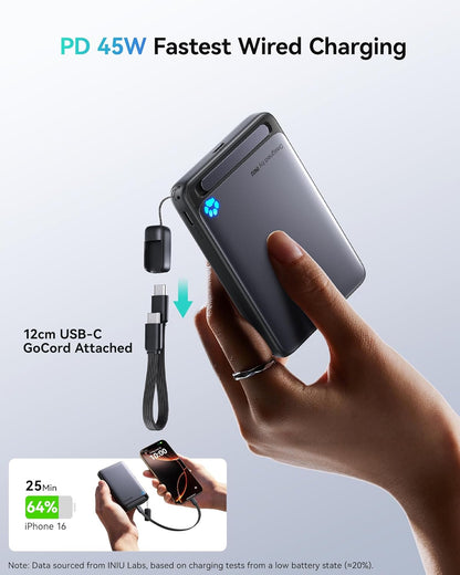 INIU for Portable Charger, Ultra Slim Qi2 Certified 10000mAh 45W Magnetic Power Bank, USB C in&Out Wireless Battery Pack with Foldable Stand, Phone Charger Only for iPhone 16/15/14/13/12 Series, Blue